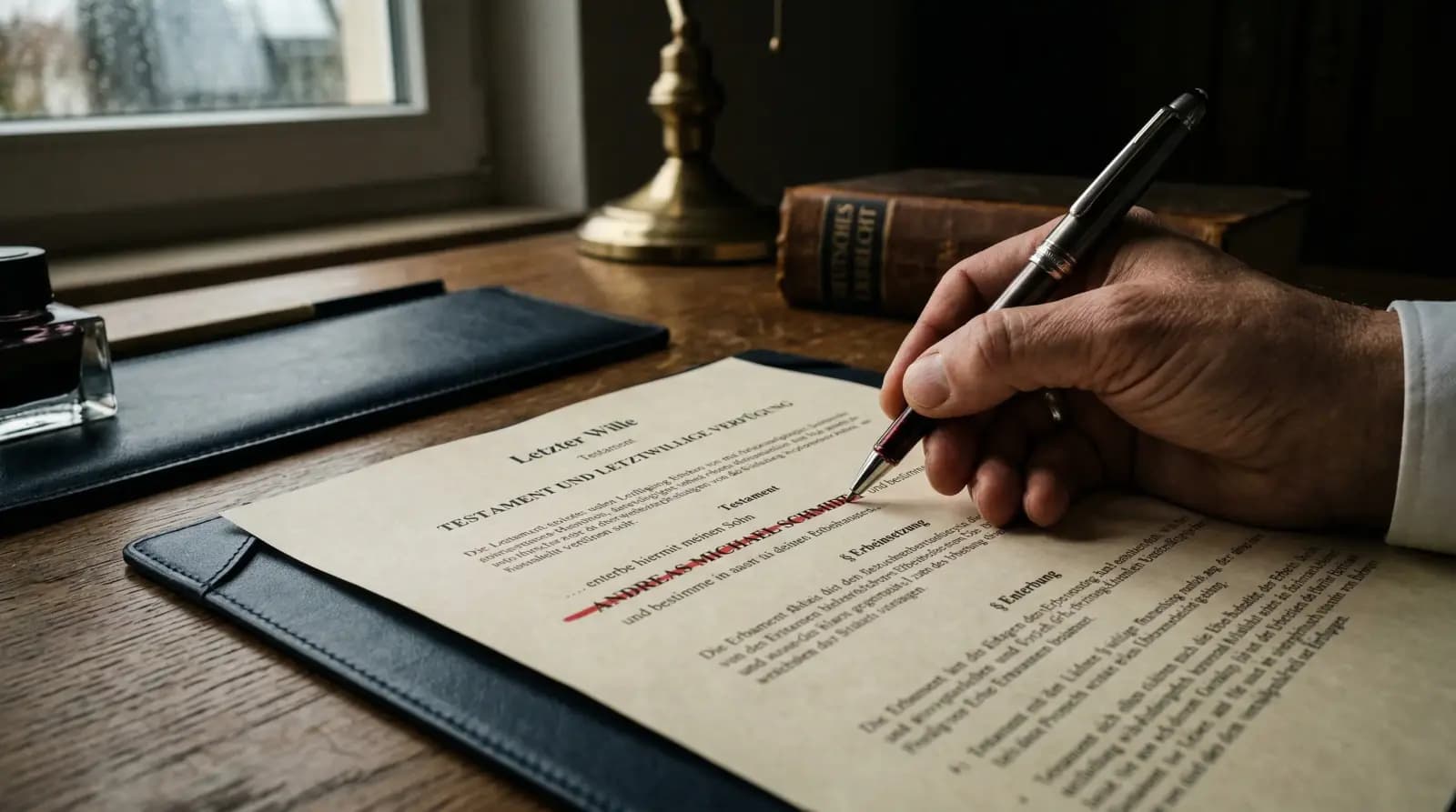 Person streicht einen Namen im Testament durch — symbolische Darstellung einer Enterbung