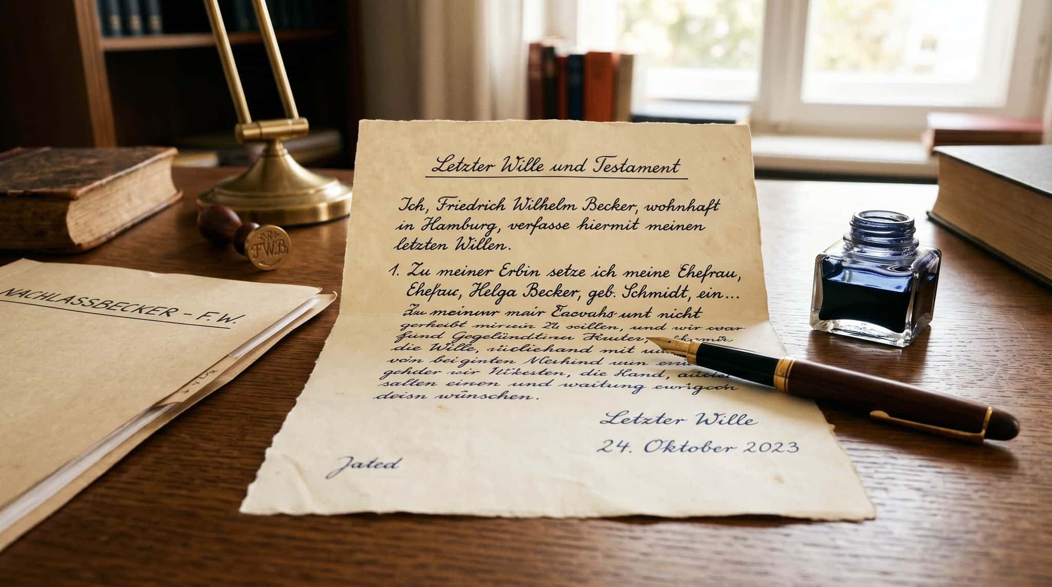 Handschriftliches Testament auf Büttenpapier mit Füllfederhalter — Muster und Vorlage