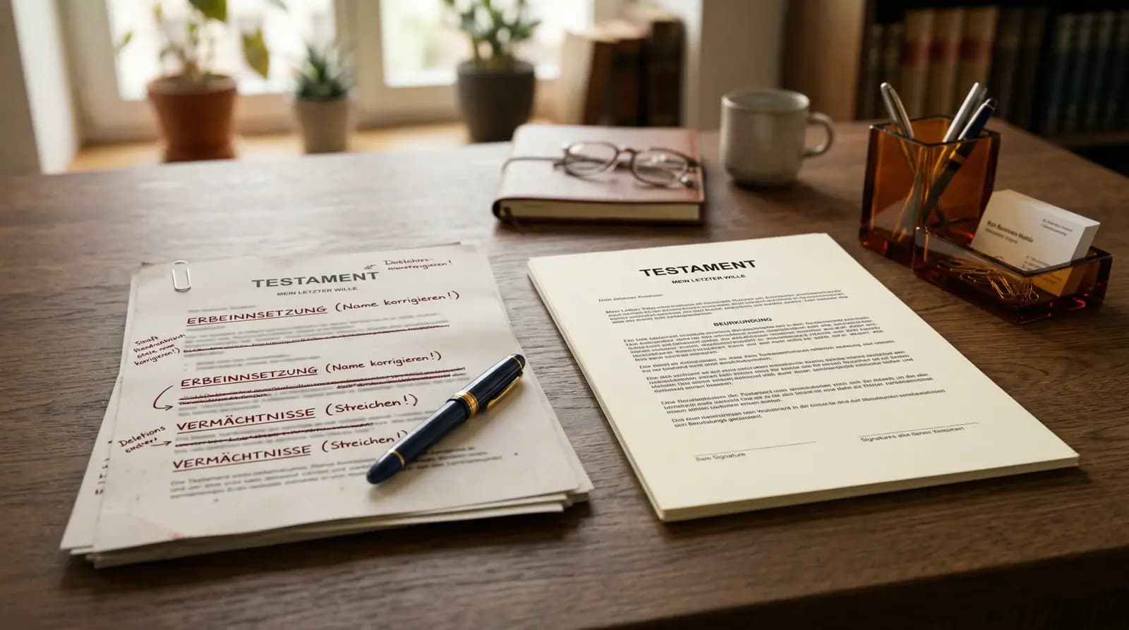 Hand streicht mit Stift durch eine Passage in einem handschriftlichen Testament