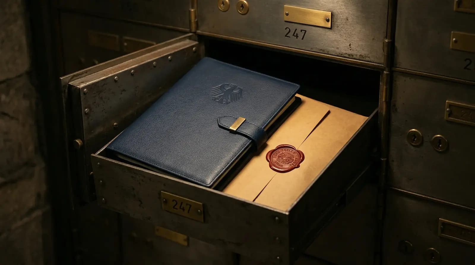 Tresor mit Dokumentenmappe und handschriftlichem Testament