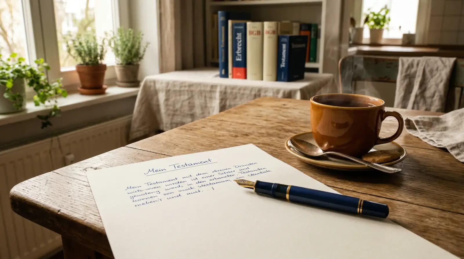 Person schreibt eigenhändiges Testament mit Füller auf weißem Papier