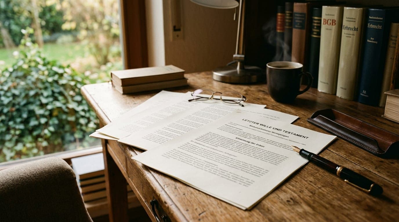 Schreibtisch mit ausgedruckten Testament-Vorlagen, Füllfederhalter und einer Tasse Kaffee — Symbolfoto für kostenlose Testament-PDF-Downloads