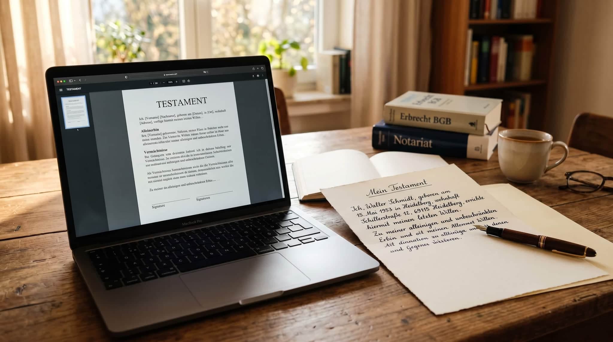 Testament-Vorlage als PDF auf einem Laptop neben einer handschriftlichen Kopie auf cremefarbenem Papier mit Füllfederhalter